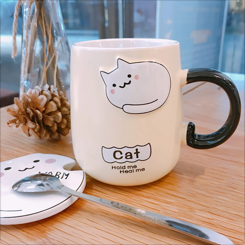 Креативная керамическая кофейная чайная чашка с рисунком кота, термостойкая рельефная кружка с милым животным, молочная кружка, 450 мл, с ручкой, ложка, офисный подарок