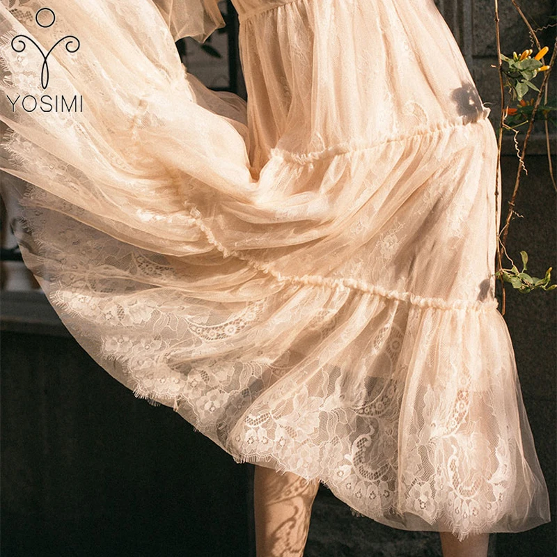 Женское кружевное длинное платье макси бежевое вечернее с v образным вырезом и