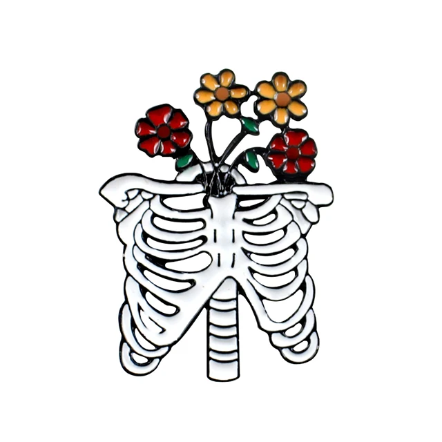 skeleton Готический Белый Череп Роза брошь с дизайном «скелет» ребра цветок смерти Любовь Эмаль Булавка кожаный значок пара Хэллоуин Ювелирные изделия Подарки - Окраска металла: skeleton