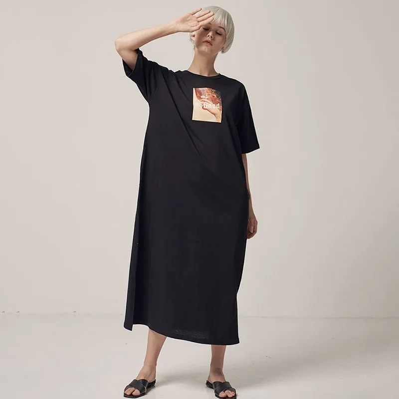 CHICEVER Summer Vintage Print Black Dress For Women O Neck Short Sleeve Loose Split Hem Straight Mid Calf The Dresses 2019 Tide | Женская