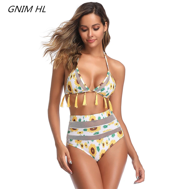 Высокая талия бикини Новинка 2019 пуш-ап сетки женский купальник с принтом