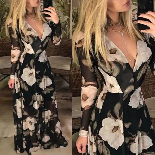 

Sexy Womens Floral Holiday Beach Long Maxi Dress Ladies V-NECK Summer Vestidos Bodycon Chiffon Sundress Party Evening Dresses