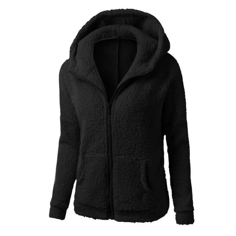 Женское пальто с капюшоном зимнее из плотного флиса теплое черное на молнии