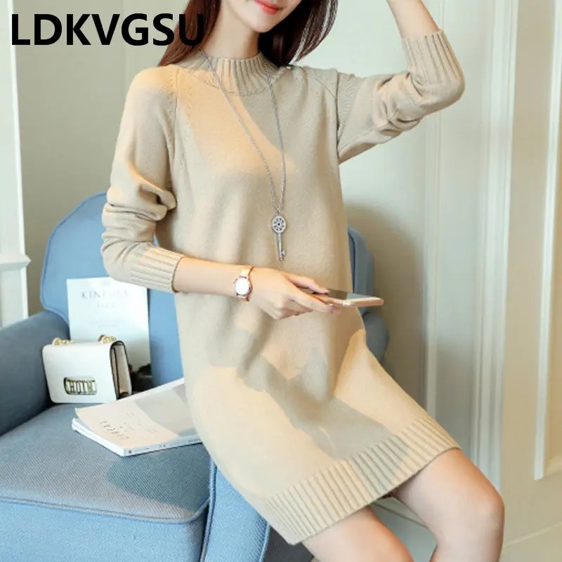 2018 Autumn Winter New Women's Long Sweater Loose Large Size Thick Round Neck Solid Color Korean Female Knit Is1477 | Женская одежда