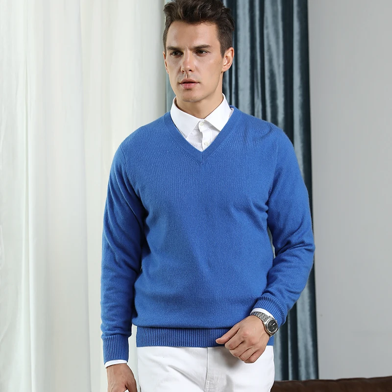 100% Real Cashmere Knitted Sweaters Men Vneck Pullovers 9Colors Standard Clothes Male Jumpers High Quality Man Sweater Knitwears