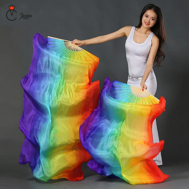rainbow Высокое качество, шелк, вуаль для танцев, для фанатов танца живота, для болельщиков, бамбуковые ребра, длинные, для сценического представления, реквизит, 1 пара(2 шт - Цвет: rainbow