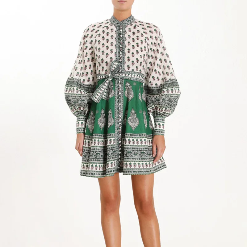 2019 Новое Женское платье трапециевидной формы с рукавом-фонариком стоячий шейный