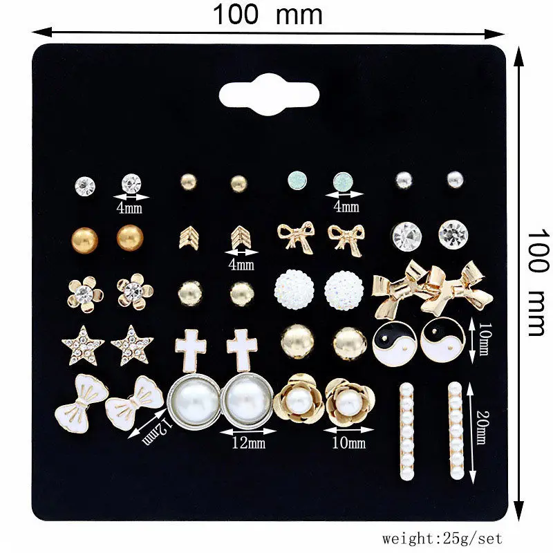 20Pairs/Pack Korea Trendy Simulated-pearl Stud Earrings Set For Women Cute Crystal Heart Enamel Bowknot Pendenties | Украшения и