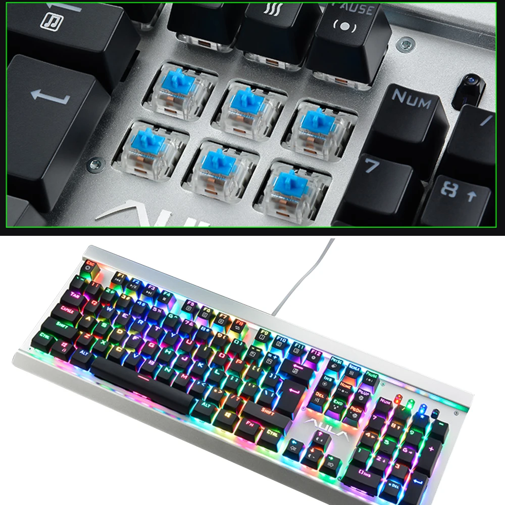 Механическая игровая клавиатура с синей подсветкой RGB Проводная 104 клавишами для