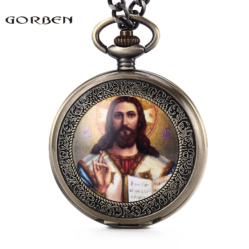 

Retro Bronze Jesus Portrait Pocket Watch Mens Holding Bible Religious Christian Catholicism Faith Watches Gift Set FOB Chain