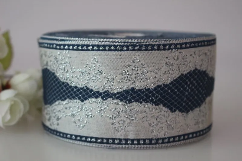 

5yards/lots Woven Jacquard Ribbon 6cm silvery background blue Geometric pattern LS-4310