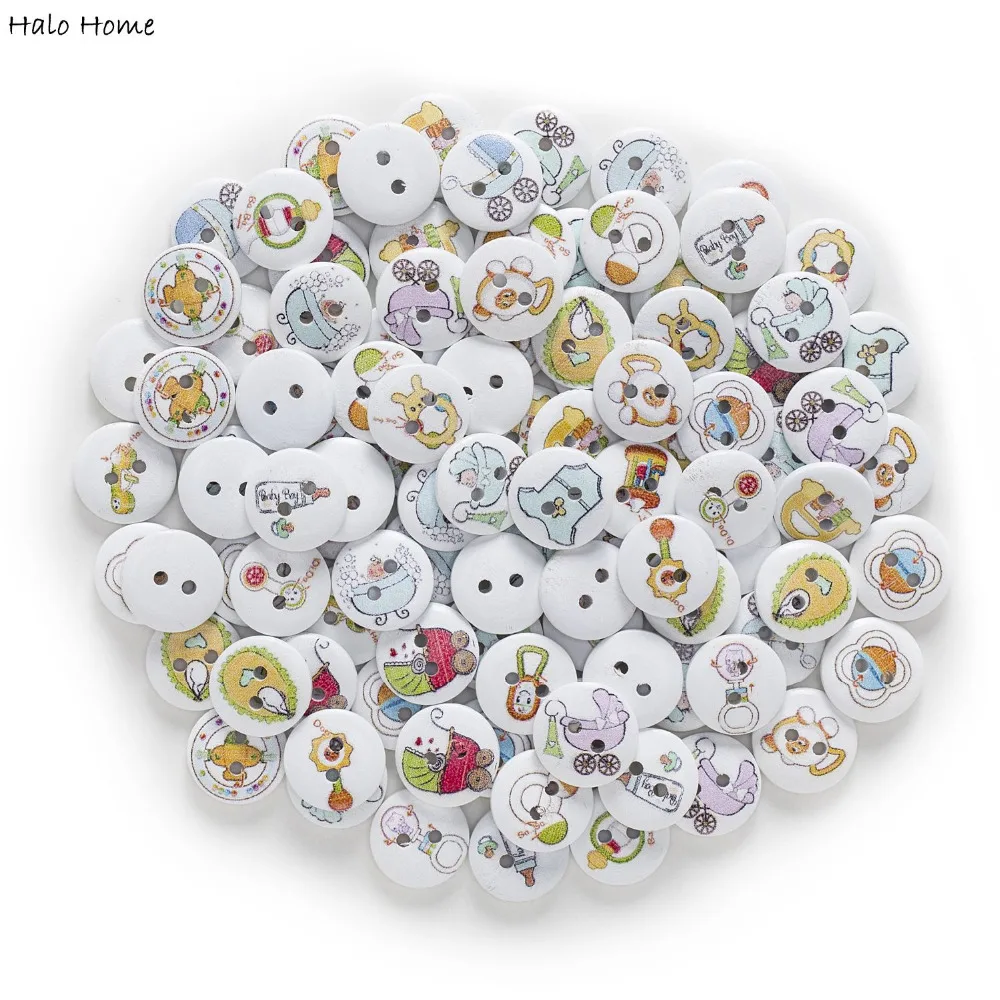 50 шт. цвета: белый/Натуральное детское серии 2 отверстия круглые деревянные