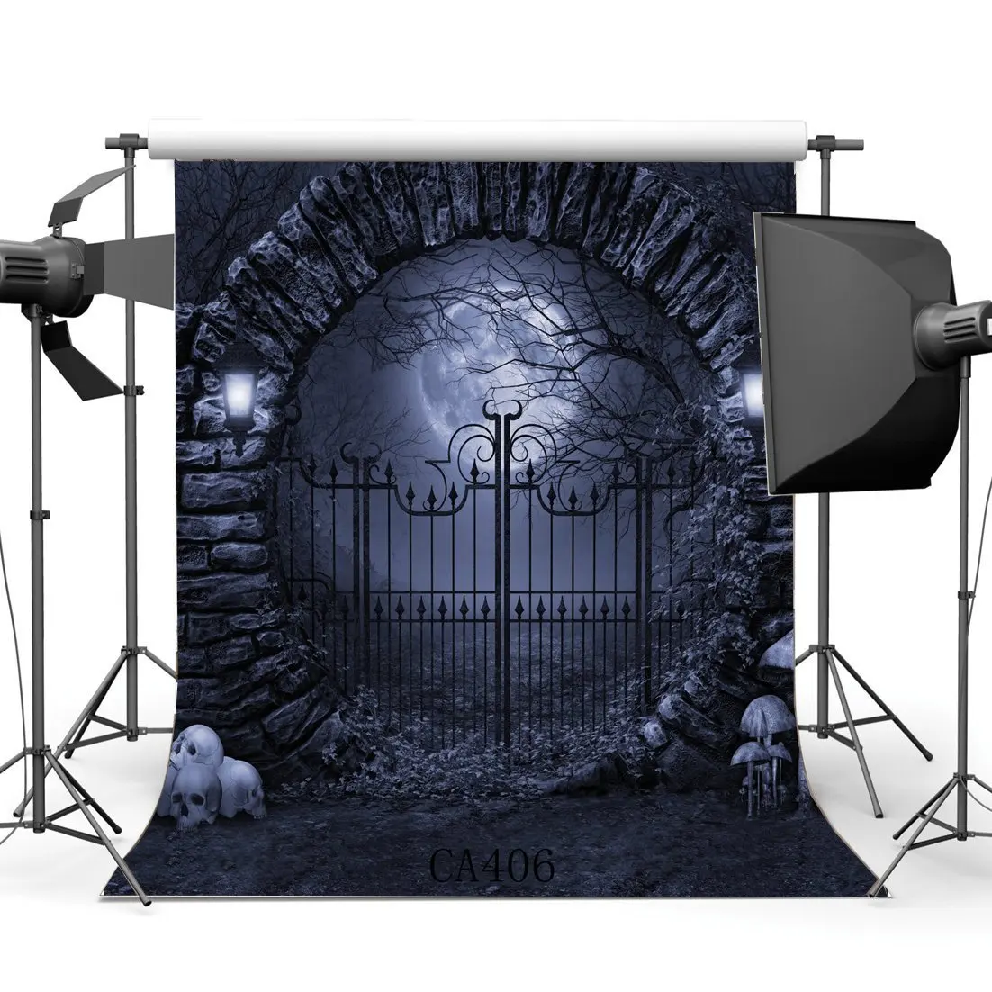 Фоны для фотосъемки Хэллоуин ужас ночь таинственная Луна черепа гриб каменная