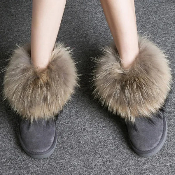 Grey Shoes Женские ботинки из натуральной кожи с натуральным лисьим мехом; брендовая зимняя обувь; Теплые повседневные черные женские зимние ботинки с круглым носком размера плюс - Цвет: Grey Shoes