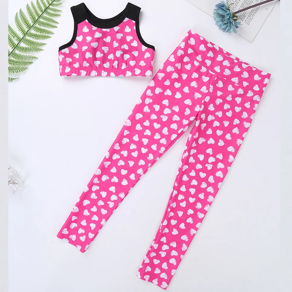 Kids Girls Gymnastics Leotards Dance Tanks Crop Top with Leggings Sweetheart Printed Color Block Sleeveless Racer Back Dancewear