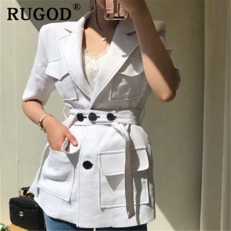 RUGOD 2019 новый модный костюм с коротким рукавом тонкий пиджак пуговицами и поясом