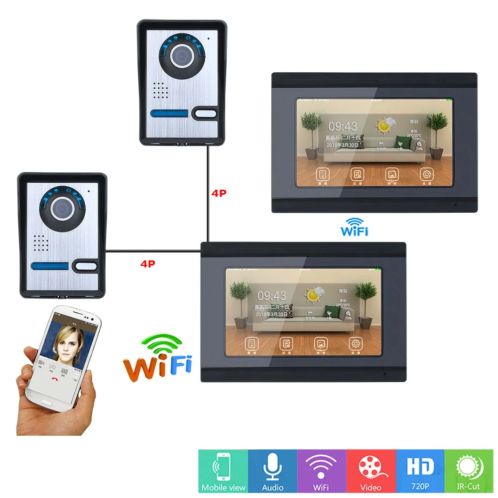 7 дюймов 2 монитора проводной/беспроводной Wifi видео дверной звонок Домофон