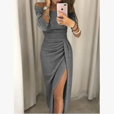 Glitter Dresses 2019 Women Elegant Party Dress Female Shiny Slash Neck Ruched Thigh Slit Sexy Club Wrist Sleeve Vestidos | Женская