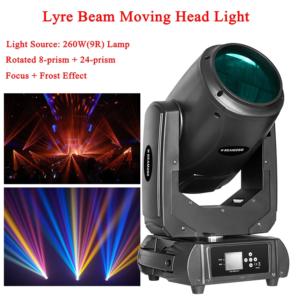 

260W 9R Moving Head Light Lyre Beam DMX Focus Frost Effect Stage Light Double Prism Rainbow 8+24 Face DJ Disco Party Wedding
