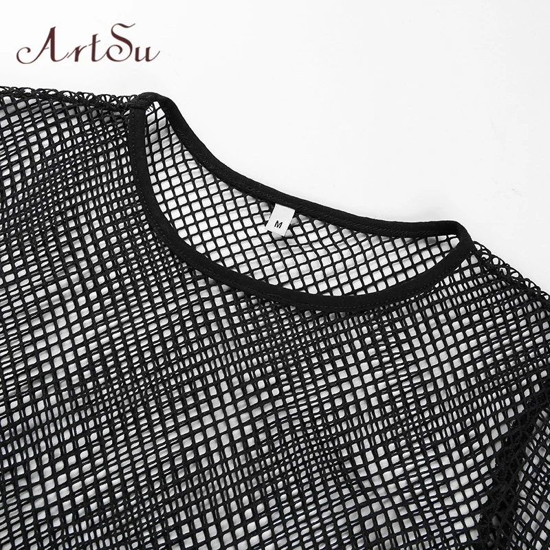 ArtSu Fall Mesh Top Sexy Clubwear Long Sleeve Hollow Out Crop Top Fishnet Black Womens Tee Shirts T-shirt Femme ASTS20498