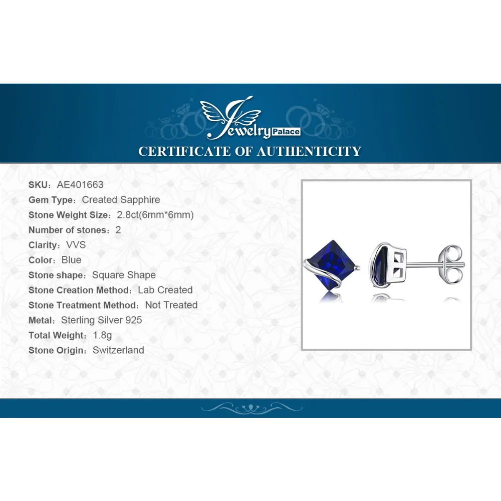 Jewelrypalace классический 2.8ct создания Сапфир Серьги-гвоздики Шарм стерлингового