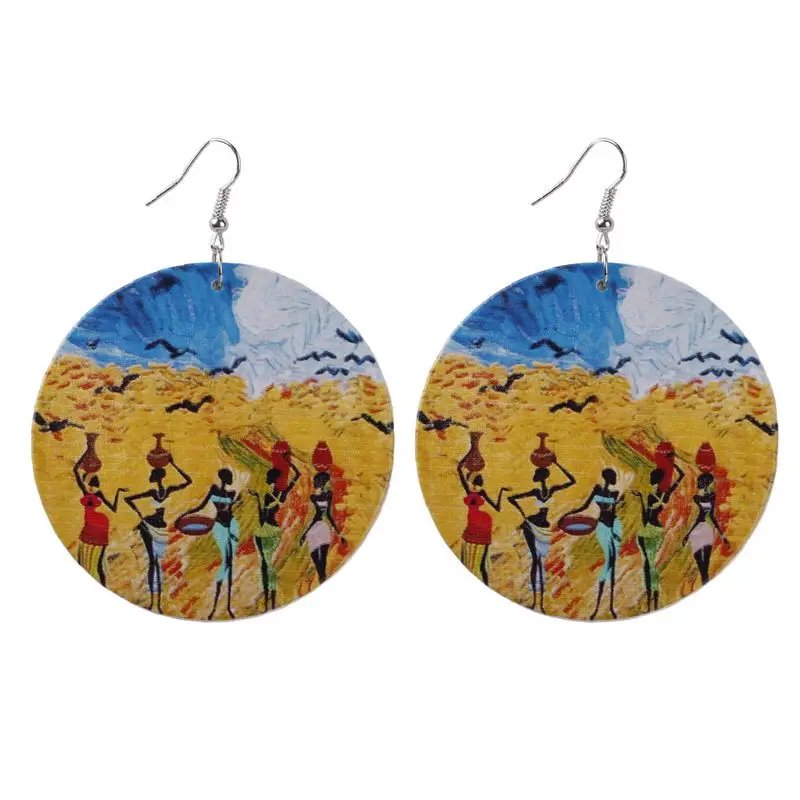 

Gallery Printed Wood Disc Dangle Drop Earrings Africa Design Wooden Disc Drops