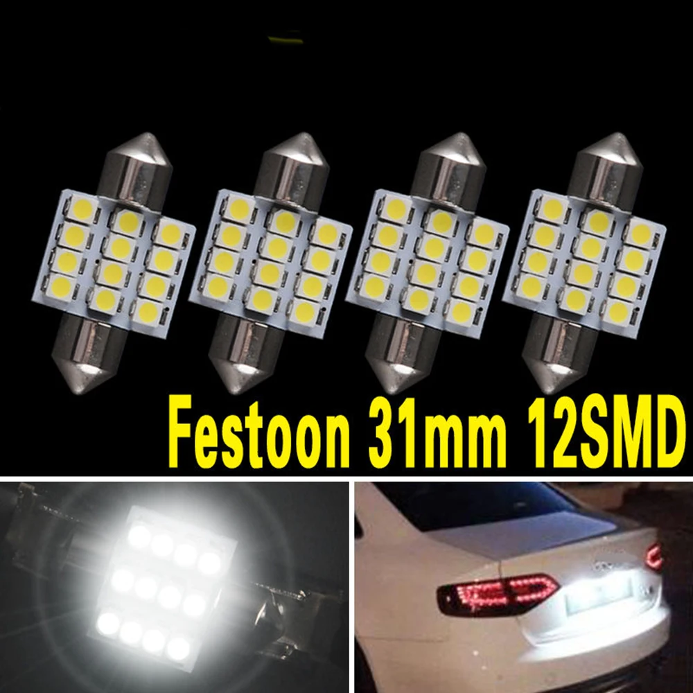 4 X чистый белый 31 мм 12SMD гирлянда 12 SMD чипы 3528 светодиодный лампочка C5W C10W