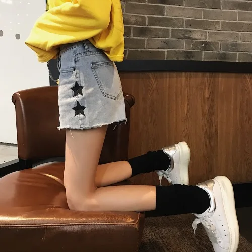 Женские джинсовые шорты с высокой талией и вышивкой в виде звезды корейские