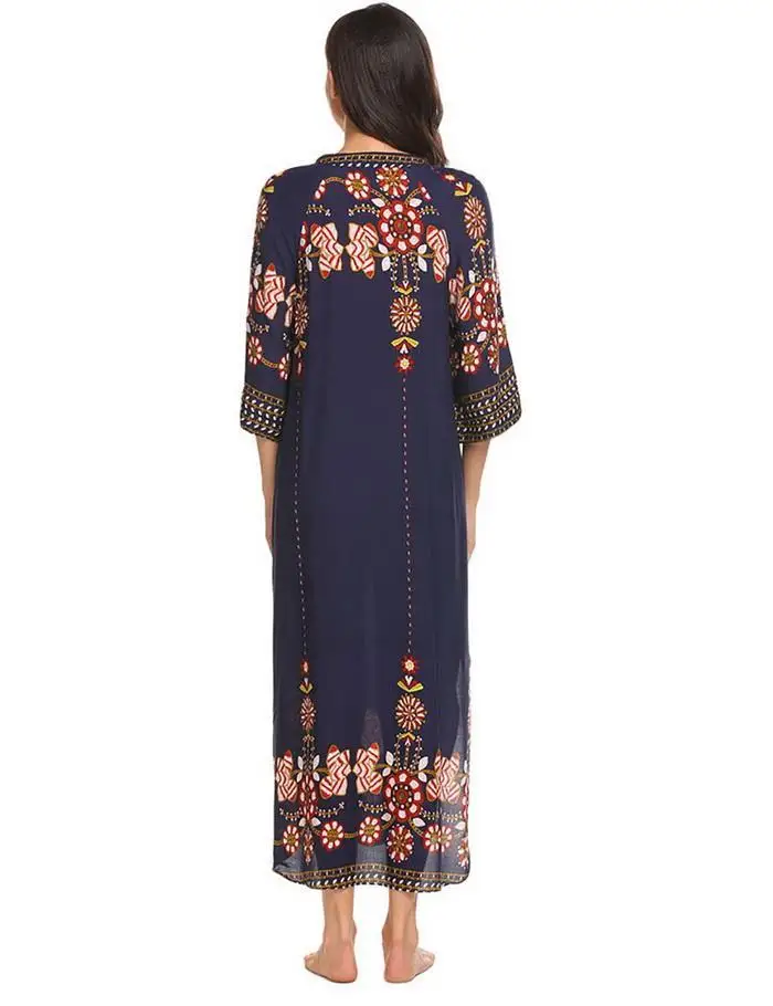 Ekouaer Long Nightgown Sleepwear Women Half Sleeve V-Neck Printed Pullover Loose Nightwear Dress Casual Home Clothes