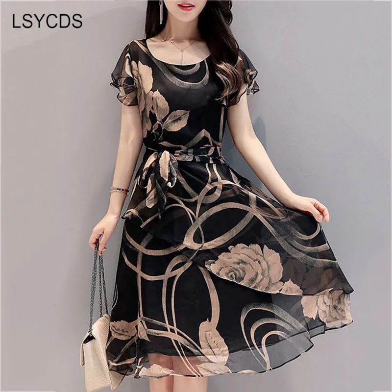 Женское шифоновое платье до колен с круглым вырезом и коротким рукавом|60s vintage