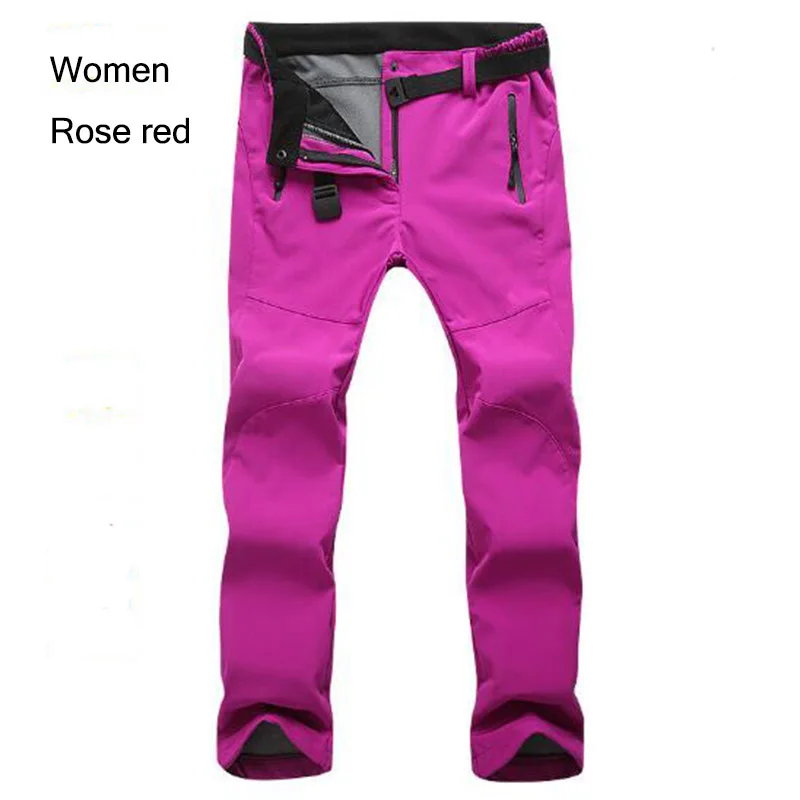 Women rose red Зимние флисовые Походные штаны для мужчин и женщин, теплые флисовые водонепроницаемые штаны, термо штаны для кемпинга, катания на лыжах, треккинга, альпинизма - Цвет: Women rose red
