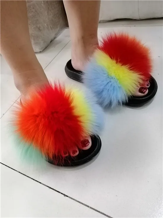 COOLSA Hot Women's Striped Plush Fur Slippers Super Fluffy Furry Fox Fur Slides Travel Quick Drying Beach Flip Flops Plus Size - Цвет: as picture shows