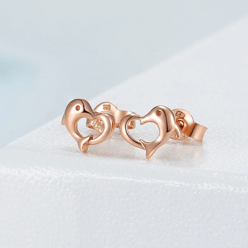 

New Arrival Pure AU750 Rose Gold Earrings Women Dolphin Heart Stud Earrings