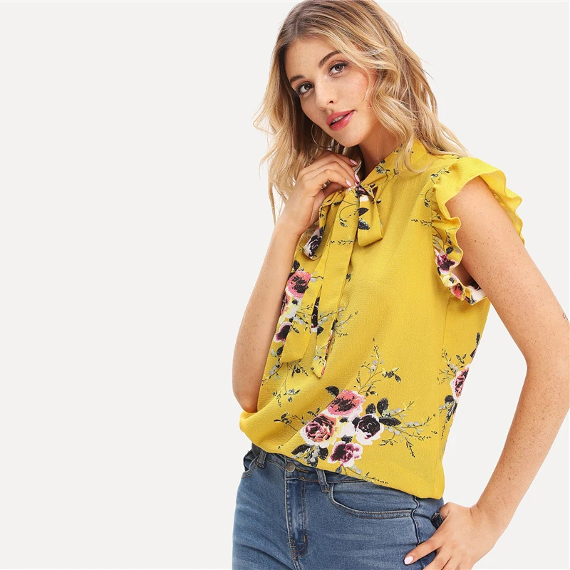 SHEIN горчичная элегантная Офисная Женская блузка с оборками на плечах и завязками на шее с цветочным принтом, летняя женская шифоновая блузка и блузки