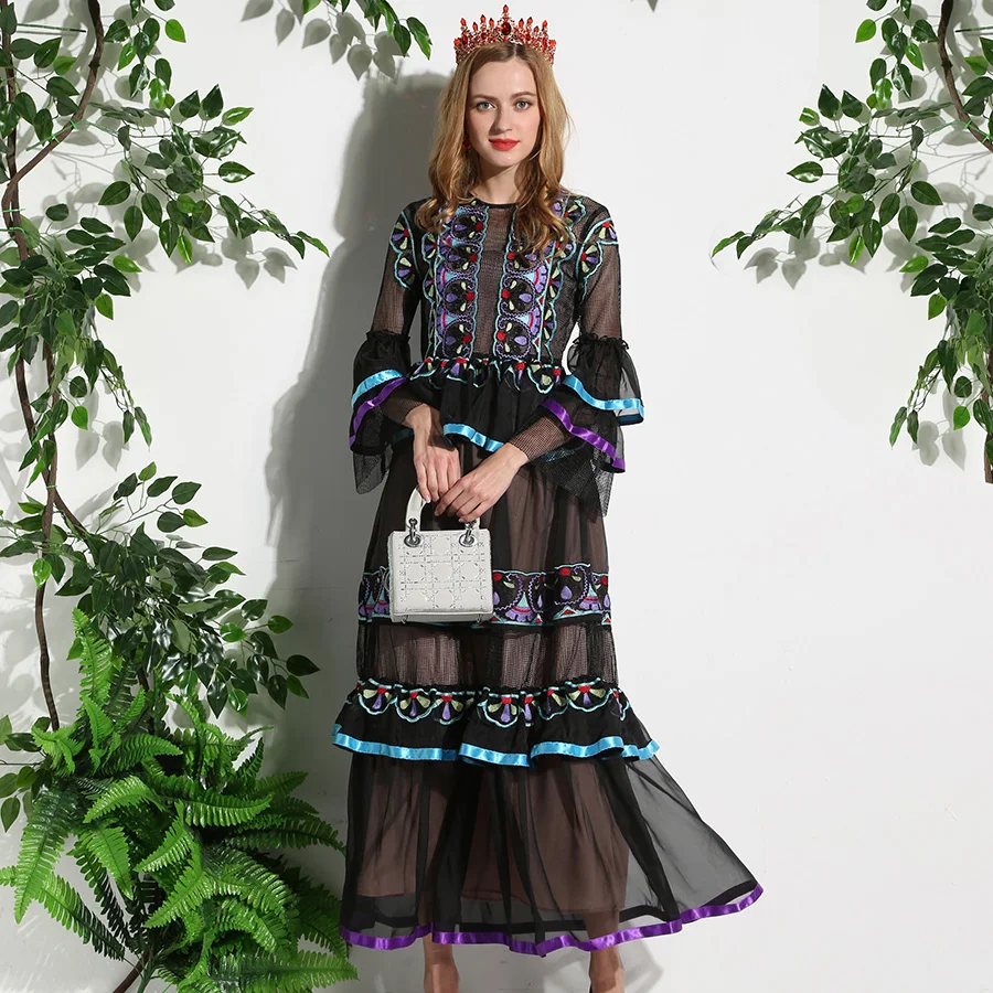Платье с длинным рукавом винтажное синее фиолетовое цветочным принтом|fashion long