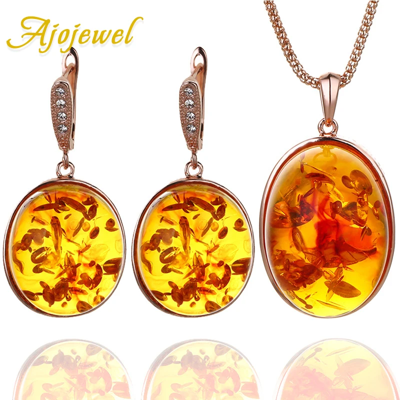 Ajojewel круглый камень смолы для женщин комплект ювелирных изделий красивый оранжевый ожерелье и серьги сочетаются с подарочной коробкой