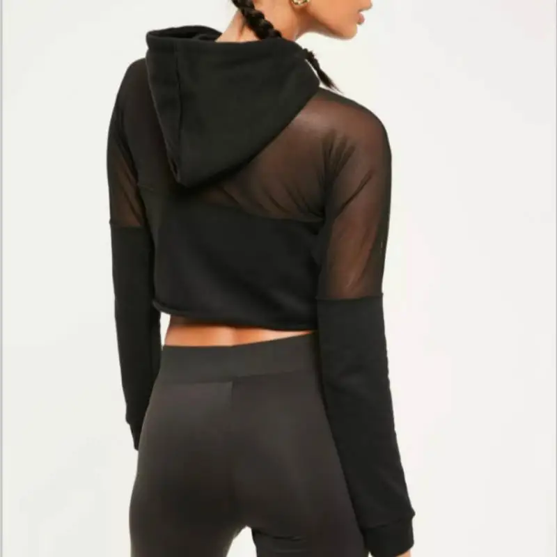 2018 Women Autumn Winter Sexy Perspective Mesh Stitching Short Paragraph Umbilical Hooded Sweatershirt Hoodies | Женская одежда
