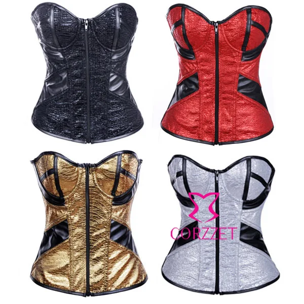 2953 ослепительный цвет металлик ПВХ кожа Overbust Бурлеск корсет на молнии пуш-ап