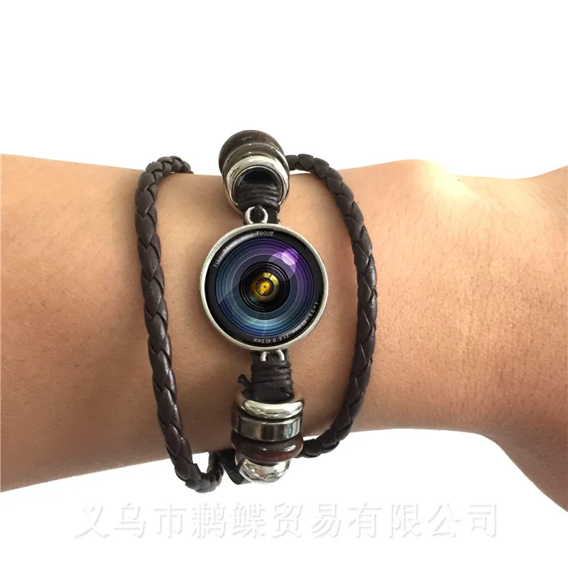 Браслет с камерой и объективом стеклянный кабошон фотография черный/коричневый 2