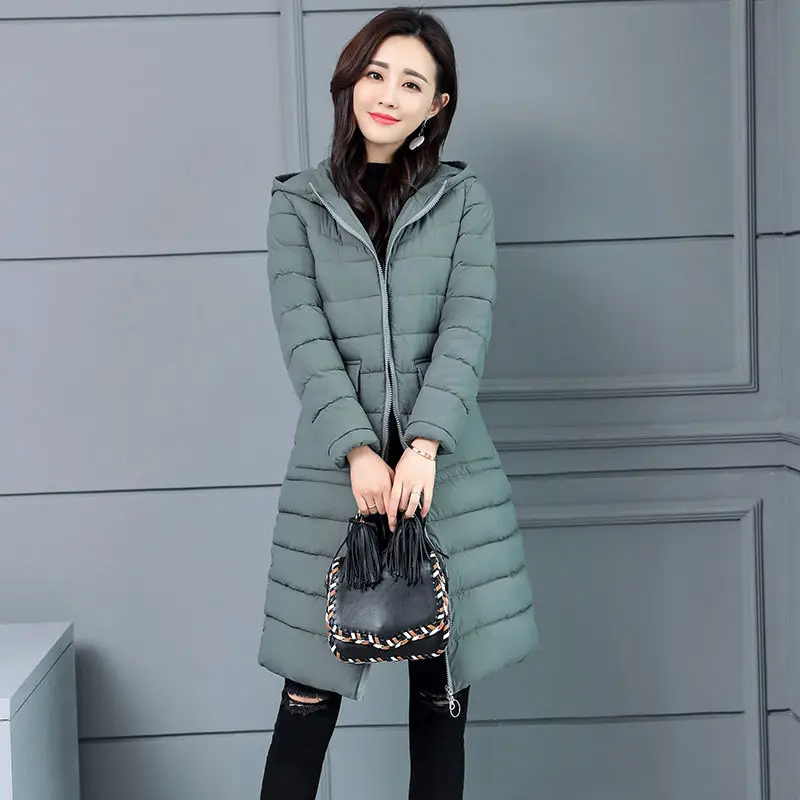 Gray green Vangull, женские парки с капюшоном, одноцветные, плотные, тонкие, длинные, теплые, хлопковые пальто, осень, новая мода, на молнии, элегантный дизайн, верхняя одежда - Цвет: Gray green
