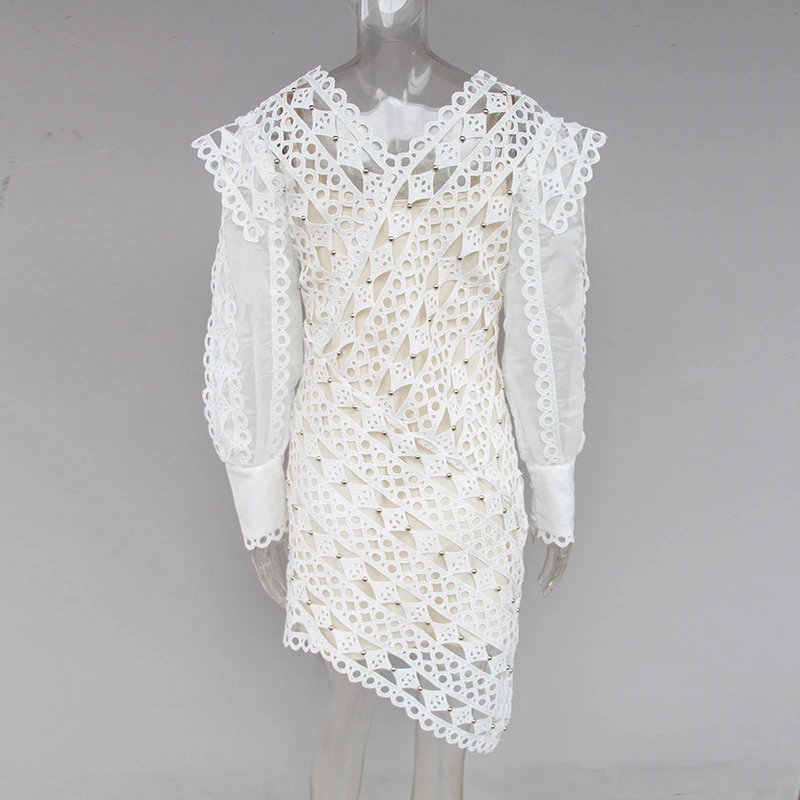 2019 Spring Designer Runway Dress Women Vintage Embroidery Hollow Out Long Lantern Sleeve Irregular Mini Party Dresses Vestido | Женская