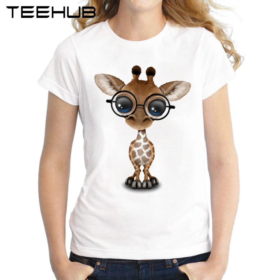 2018 Милая женская футболка с рисунком жирафа в очках летние модные женские топы