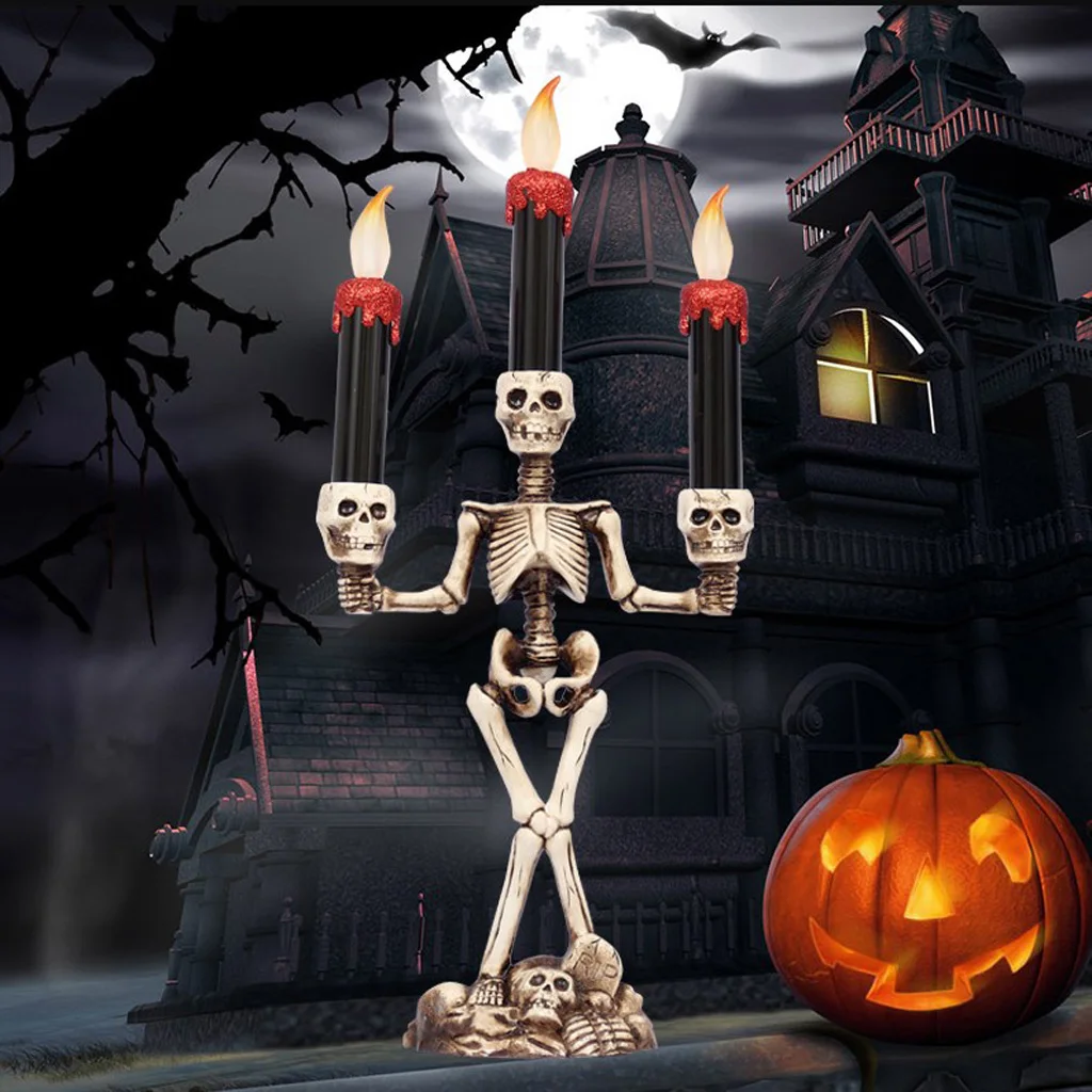 

Halloween 3 Arm Candelabra Candles With Skull Base Ghost Festival Decor
