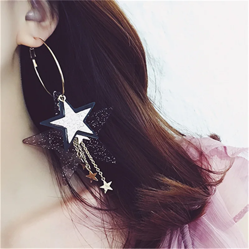 Korean Girl Cute Exaggeration Rhinestone Sequin Pentagram Star Tassel Big Circle Drop Earrings for Fashion Women Accessories | Украшения и