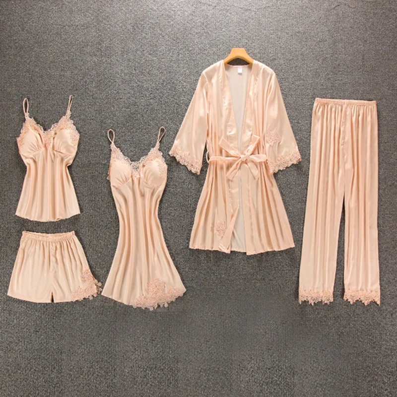 

pink Ladies 5 piece Pajama Set Bathrobe mini Nighties Set Sexy V-neck Women Sleepwear Red Autumn pant Nightwear blue