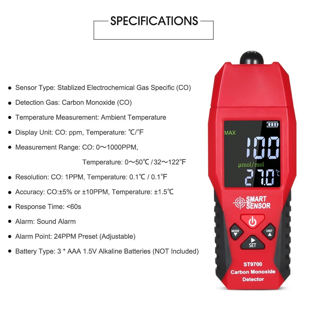 

SMART SENSOR ST9700 CO Detector Carbon Monoxide Analyzer Gas Leakage Sensor Air Quality Monitor Color Display Sound Light Alarm