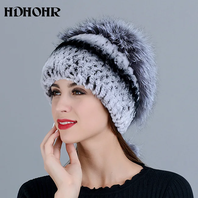 HDHOHR, модная зимняя шапка из натурального меха, женская шапка из натурального кроличьего меха с мехом серебристой лисы, вязаные шапки, модные женские меховые шапки - Цвет: Светло-серый
