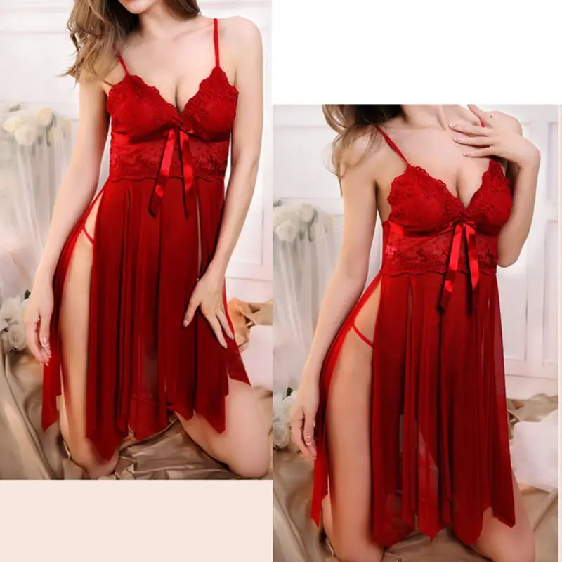 Женское Эротическое платье-комбинация с бантом и v-образным вырезом