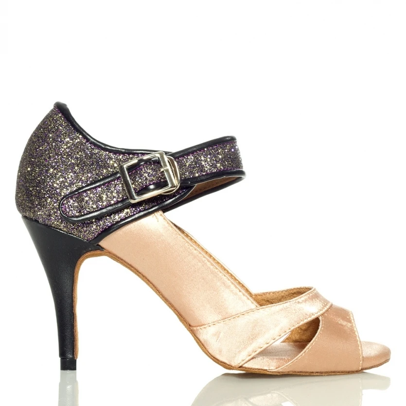 Женские танцевальные туфли JuseDanc черные блестящие на высоком каблуке для бальных