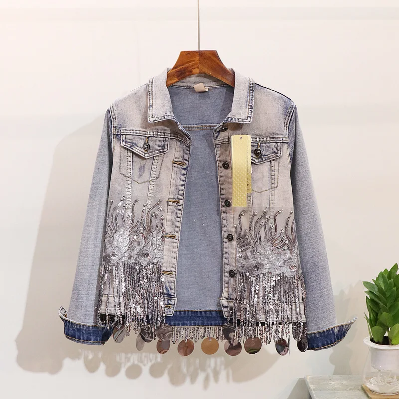 

Spring Autumn New Fashion Tassel Sequins Denim Jacket Women Beading Slim Jeans Jacket Ladies Basic Coat Casual Vintage Outwear